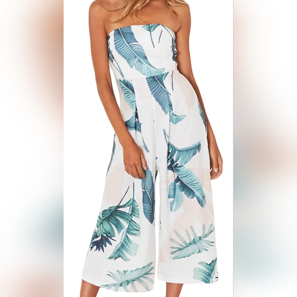 White and Green Palm Leaf Jumpsuit with Wide-Leg Fit